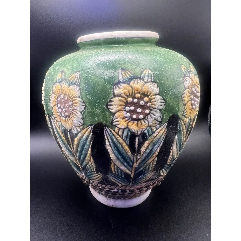 Vintage Chinese Ceramic Sunflower Vase with Textured Raised Design